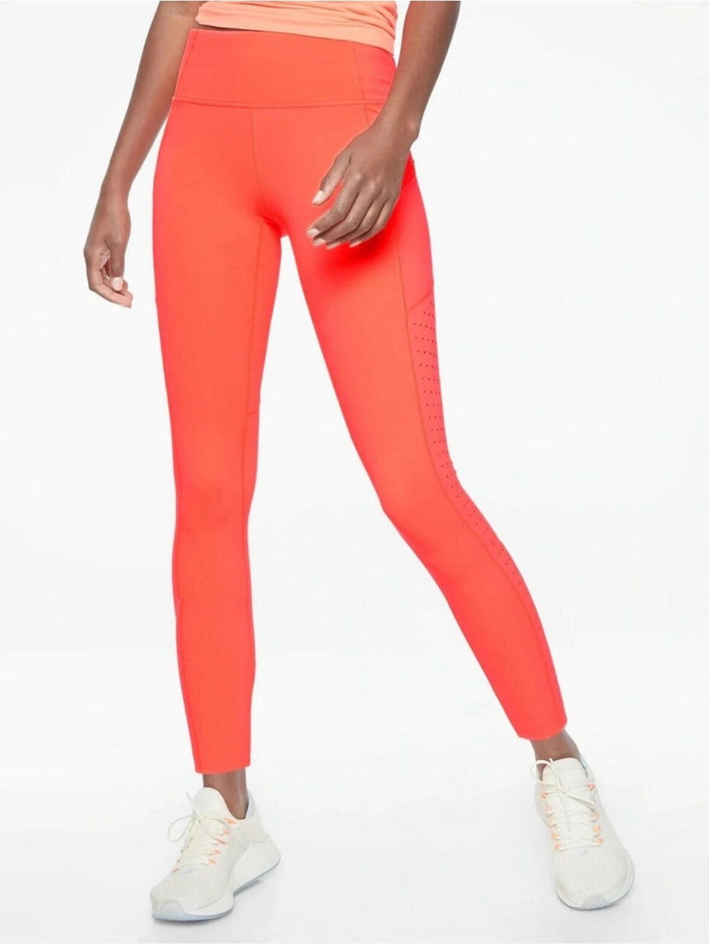 Athleta neon orange coral Laser-Cut High  perforated leggings 7/8 small S